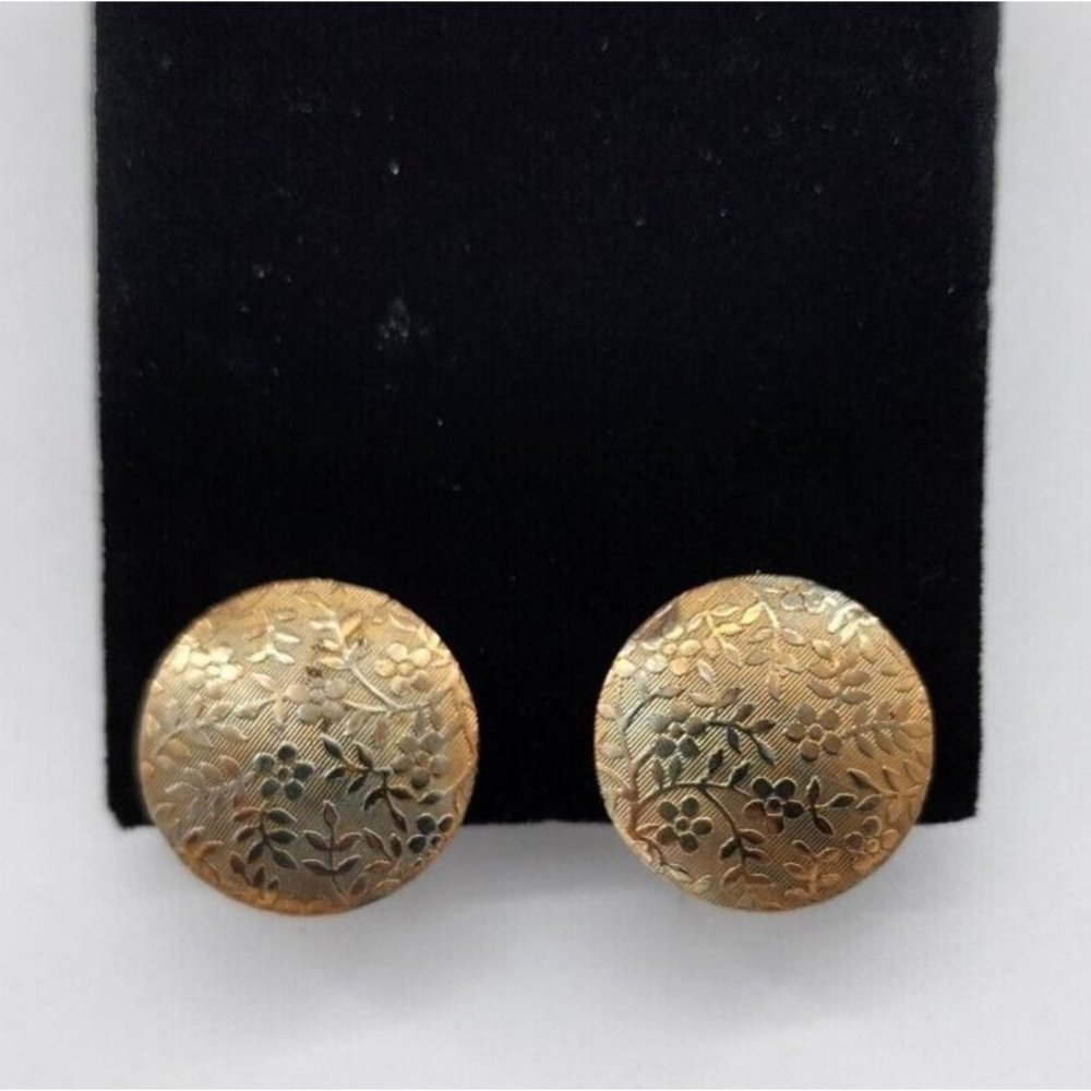 Vintage Bronze/Gold Tone Etched Floral Design Button Disc Clip On Earrings